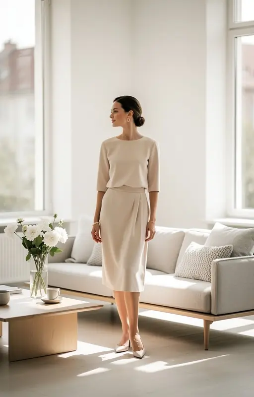 femme française cuisinant calmement dans une cuisine minimaliste avec lumière naturelle