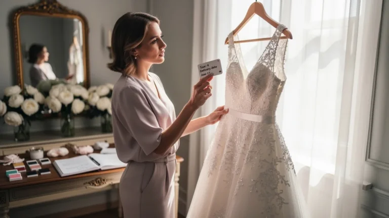 Jeune femme examinant une robe de mariée en dentelle, réflexion sur commande trois semaines avant
