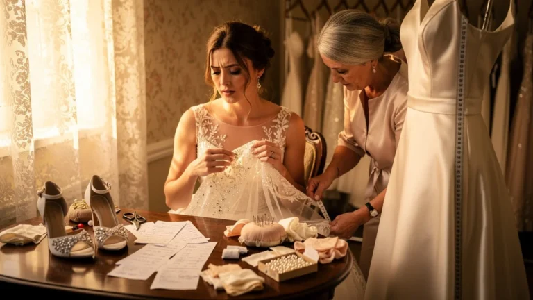 Bride anxiously examining hidden wedding accessory costs during dress alterations in elegant boutique