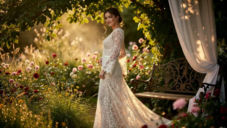 Femme en robe en dentelle lourde au soleil d'été, choix entre dentelle et mousseline fluide