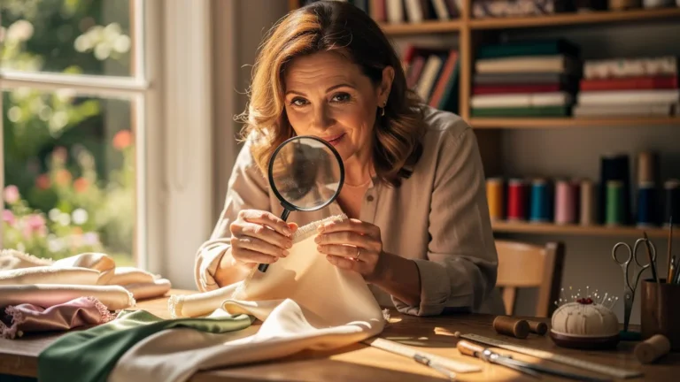 Femme testant des tissus avec une loupe, améliorant ses choix d'achat grâce à l'examen précis des textiles