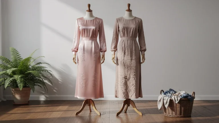 Comparaison hyper-réaliste de deux robes d'occasion à 70 euros avant et après lavage