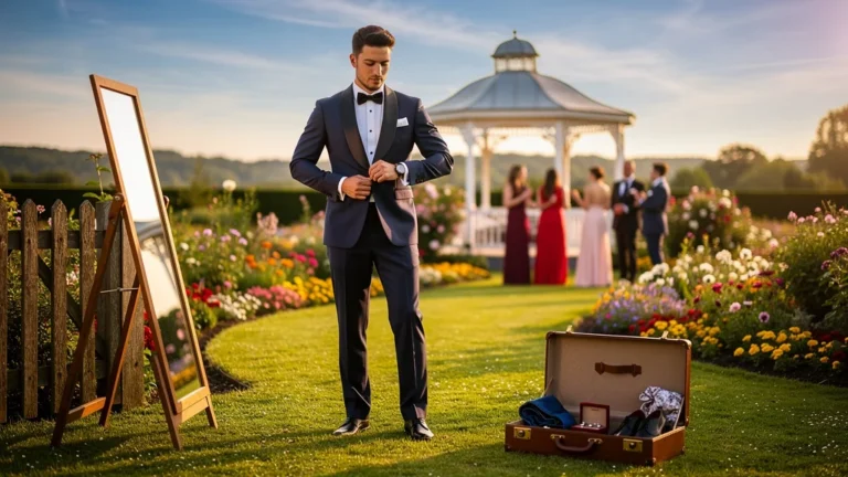 Homme élégant essayant une location de vêtement de cérémonie pour un mariage d’ami en extérieur