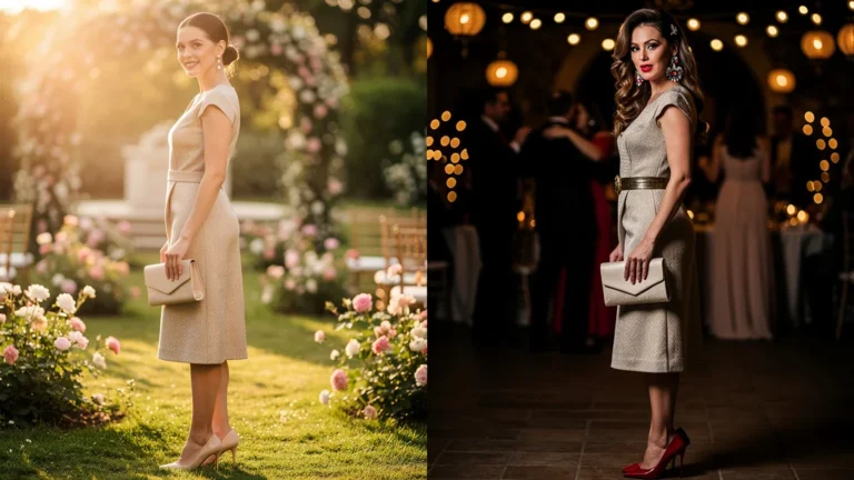 Femme portant la même tenue à deux mariages avec accessoires différents pour un style unique à chaque fois