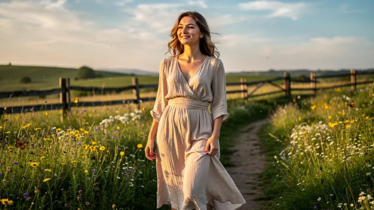 Femme en robe légère en viscose profitant d'une journée à la campagne en plein soleil