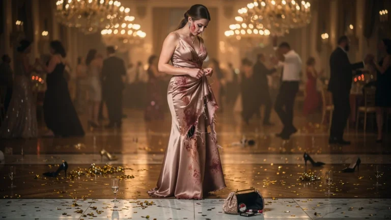 Jeune femme coincée avec maquillage figé et robe ruinée sans tenue de rechange pour soirée dansante
