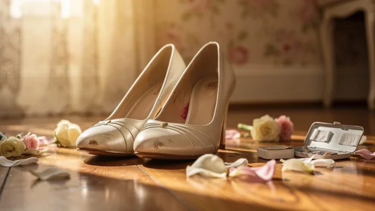 Photo réaliste de chaussures de mariage usées le jour même, symbole d'une erreur regrettée