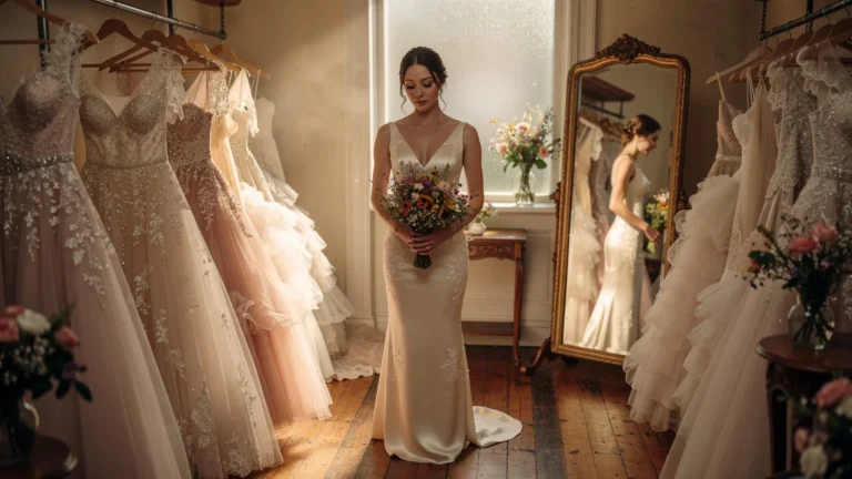 Femme en robe de mariée simple dans boutique vintage, symbolisant que la robe la plus jolie n’est pas essentielle