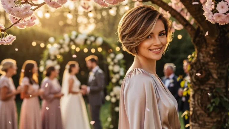 Femme au mariage de son amie réalisant l'importance de la coupe sur la couleur de cheveux