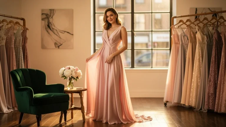 Jeune femme choisissant une robe de cérémonie en location dans une boutique élégante et lumineuse