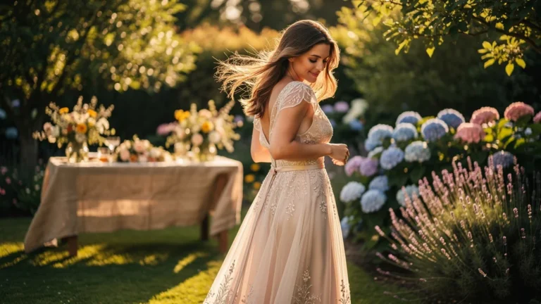 Scène hyperréaliste d'une jeune femme choisissant des matières légères lors d'un mariage d'été