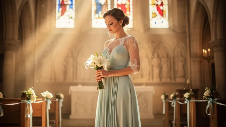 Femme élégante en robe cocktail synthétique dans une église pour un mariage religieux