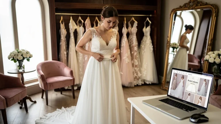 Femme essayant une robe de mariage en boutique face à un site d’achat de robes en ligne