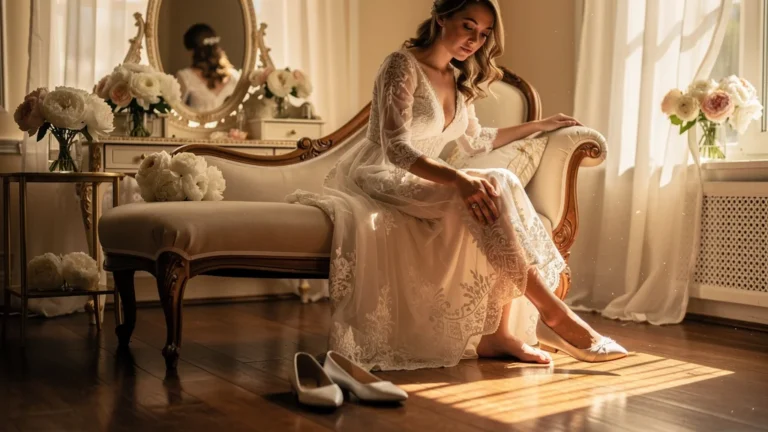 Photo réaliste d’une mariée en chaussures plates, moment intime le jour J, avis tranché sur le choix des chaussures
