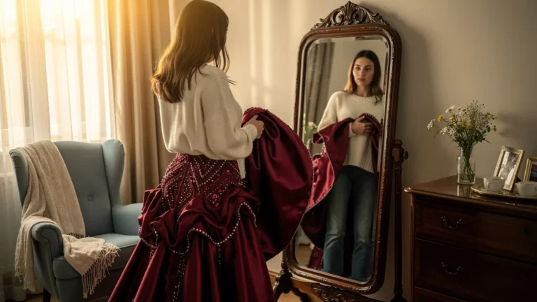 Jeune femme regrettant une robe rouge élégante qui ne lui correspond pas dans un miroir vintage