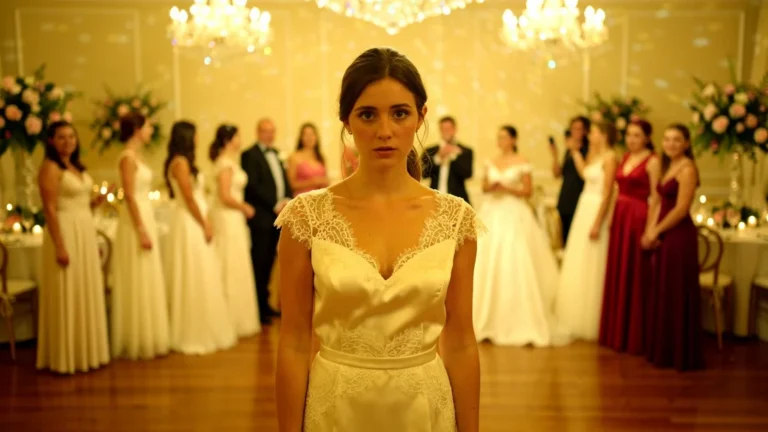 Femme en robe blanc cassé à un mariage sous lumière artificielle, illustrant pourquoi ce choix est déconseillé