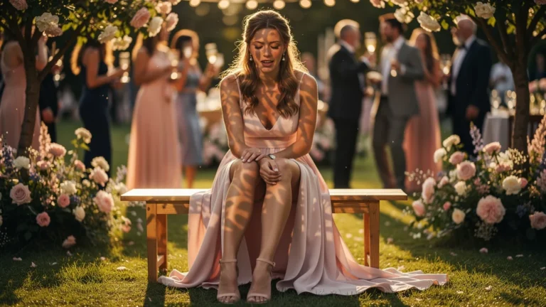 Femme épuisée lors d'un mariage, soulignant l'importance du confort sur le style toute la journée