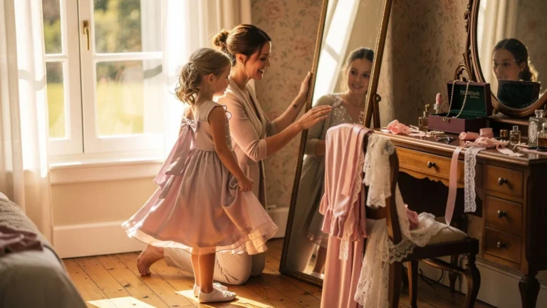 Moment chaleureux d’aide pour choisir la tenue de témoin en lumière naturelle matinale