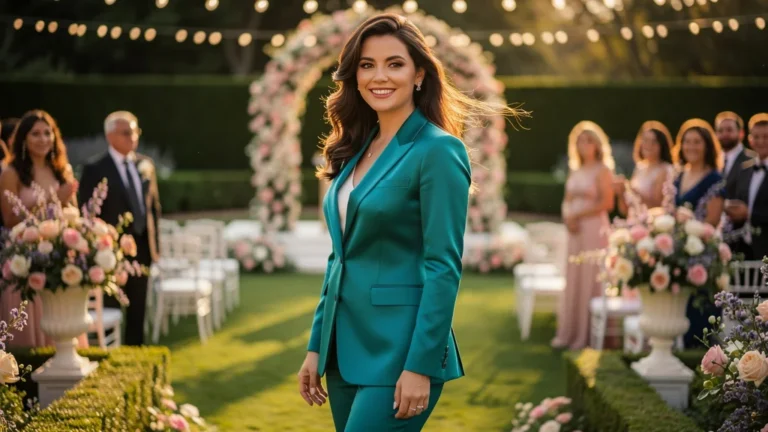 Femme élégante en tailleur coloré osé pour un mariage, succès du pari mode original et chic