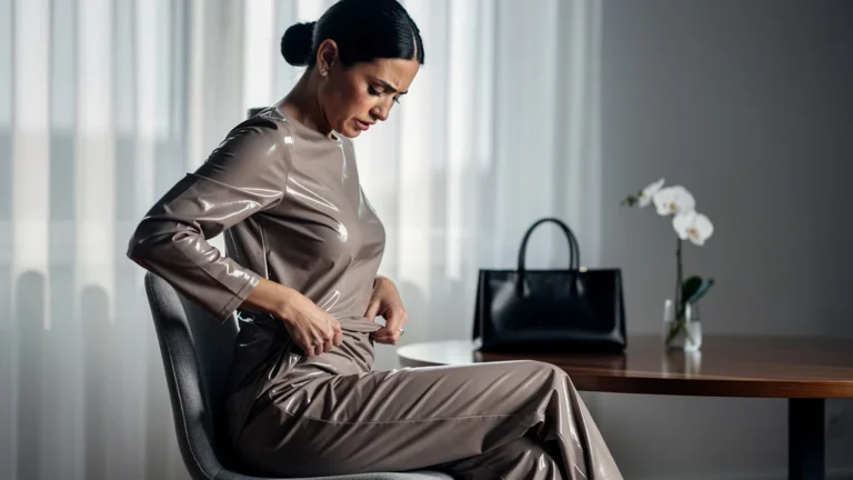 Femme assise avec plis marqués sur tenue en tissu plastique, illustrant un mauvais choix vestimentaire