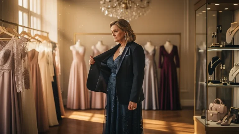 Mère du marié hésitant entre tailleur et robe longue dans une boutique élégante avant mariage