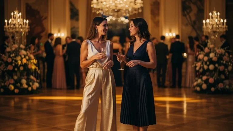 Comparaison détaillée d'un pantalon large de cérémonie et d'une jupe midi lors d'une fête élégante
