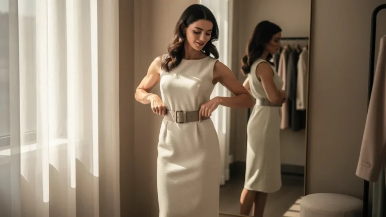 Femme testant une ceinture large pour marquer la taille sur une robe droite en viscose