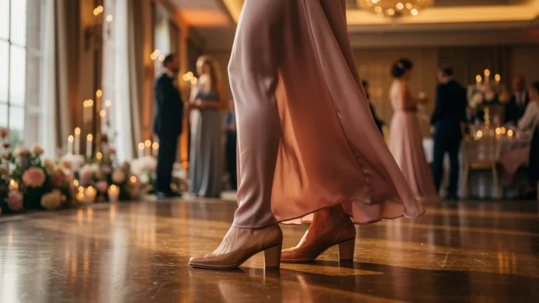 Femme portant des chaussures à petit talon carré lors d’un mariage de huit heures, testant confort et élégance