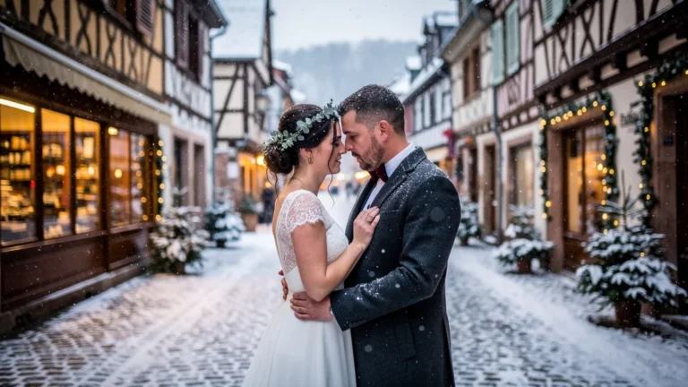 Mariage d'hiver à Strasbourg sous la neige, moment intime et bouleversant en 8K ultra-réaliste