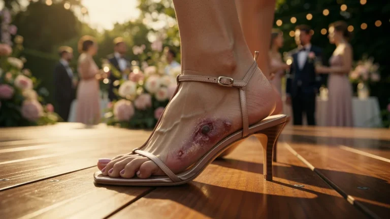 Photo hyperréaliste de pieds avec ampoules causées par sandales à fines brides au vin d'honneur