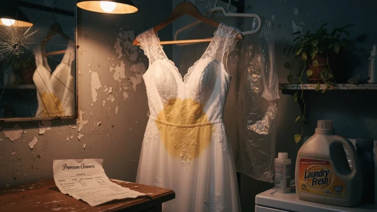 Robe blanche marquée par une auréole tenace après pressing inconnu, symbole de déception textile