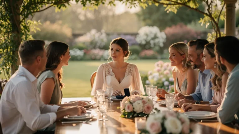 Déjeuner de fiançailles élégant révélant la différence entre tenue de mariage et tenue d’engagement