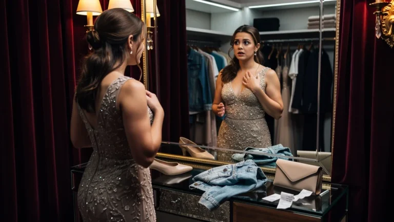Femme déçue devant un miroir portant une tenue trop habillée, reflet d’une erreur de dress code