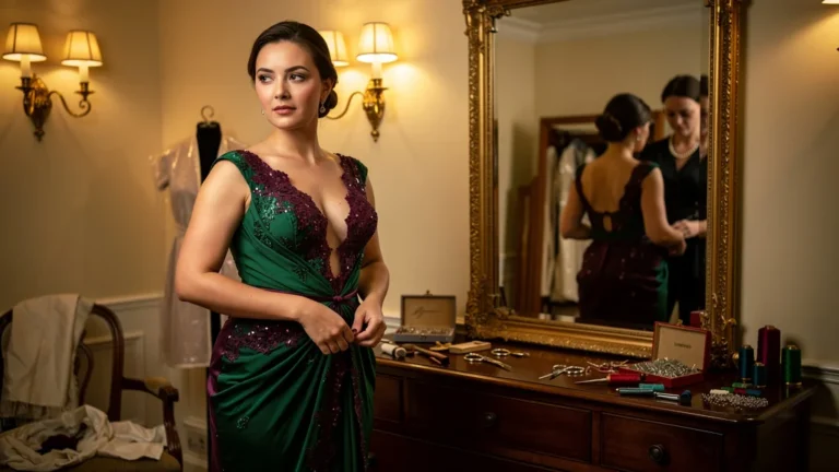 Robe d’un soir après retouches dans un atelier élégant, réflexion sur achat tenue unique