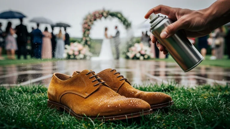 Imperméabilisation de chaussures en daim avant mariage en plein air sous la pluie