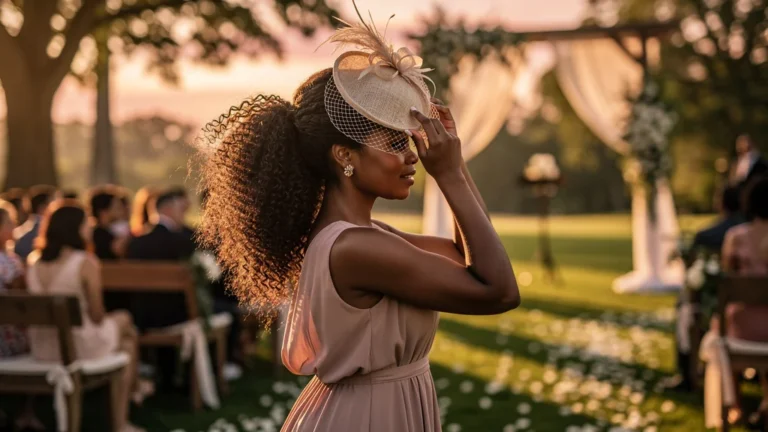 Femme avec bibi épinglé toute une cérémonie en plein air, testant tenue selon texture cheveux naturels