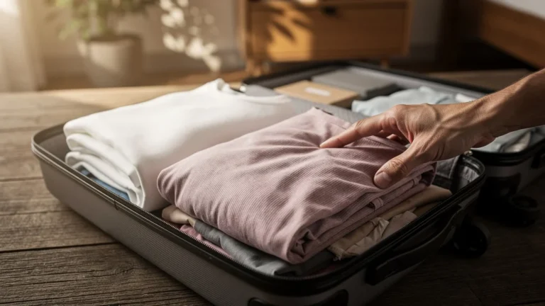 Deux robes en jersey roulées dans une valise, testant leur résistance aux froissements après trois jours