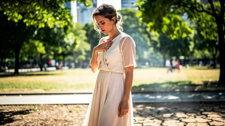 Femme en robe entièrement doublée souffrant de la chaleur intense d’un été étouffant