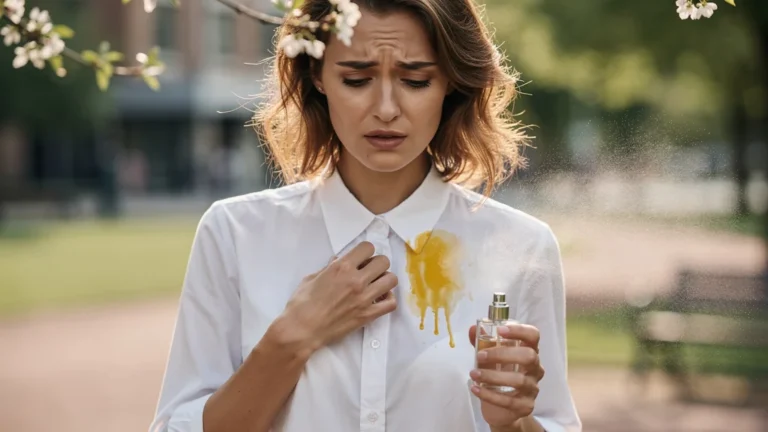 Photo ultra-réaliste d'une tache jaune de parfum sur un col blanc, ruinant une photo en plein air