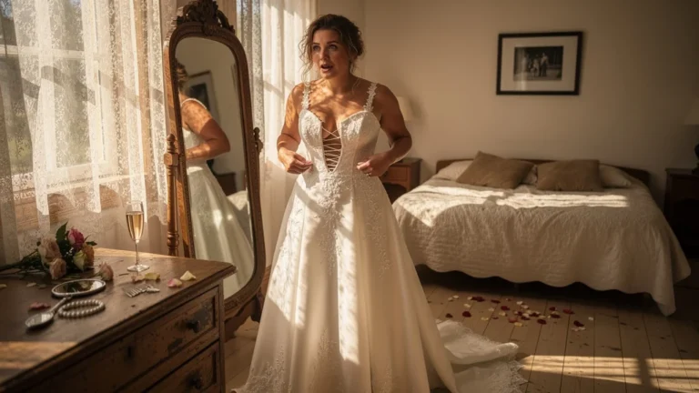 Femme découvrant que sa robe de mariage ne ferme plus au petit matin du brunch du lendemain