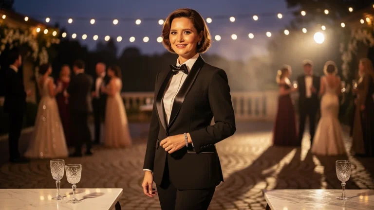 Femme élégante en smoking féminin affirmant son style lors d’un mariage du soir sophistiqué