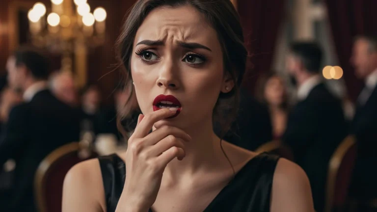 Portrait réaliste d’une invitée au maquillage discret avec rouge à lèvres rouge affirmé en soirée élégante
