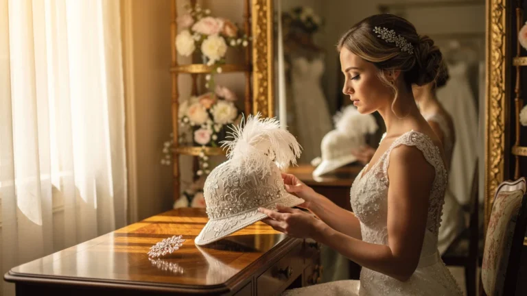 Femme essayant un chapeau de cérémonie face à un bijou de cheveux, moment décisif du mariage