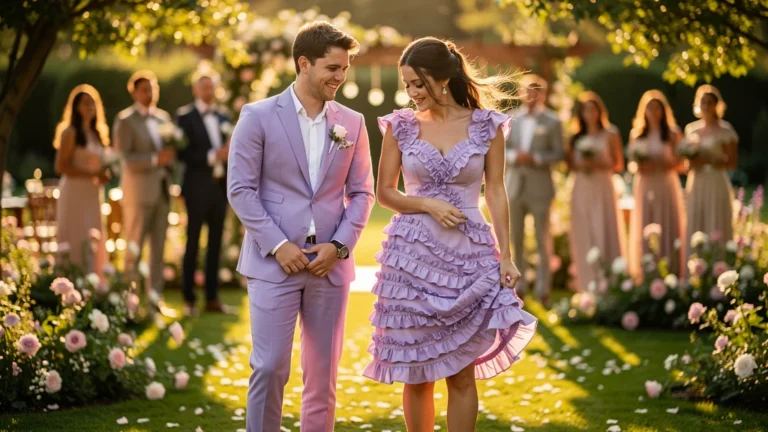 Photo hyper-réaliste couple en tenues assorties décevantes lors d’un mariage en extérieur