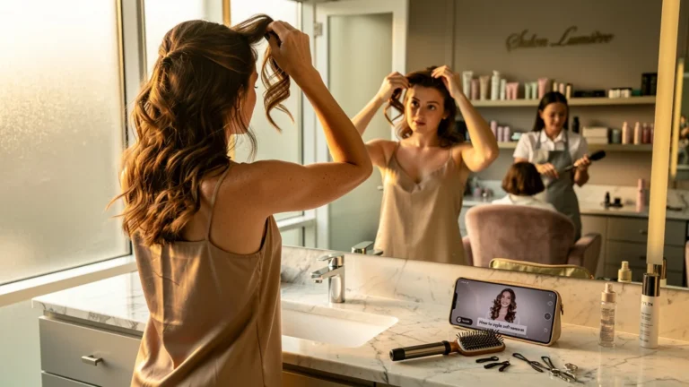 Femme se coiffant soi-même le matin en réfléchissant à aller chez le coiffeur, scène réaliste et lumineuse