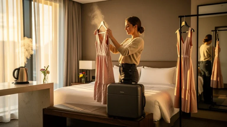 Femme testant deux méthodes pour défroisser sa robe à l'hôtel sans fer à repasser