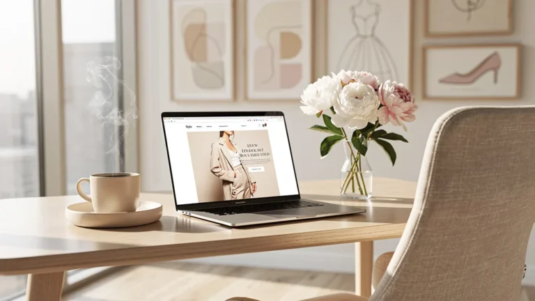 Espace de travail moderne et élégant pour rédaction mode beauté lifestyle avec lumière naturelle douce