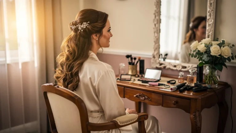 Femme coiffure mariage cheveux longs élégante, ambiance préparation nuptiale raffinée et lumineuse