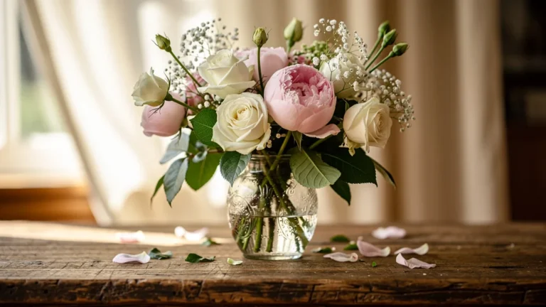 Composition florale mariage élégante avec roses et pivoines sur table en bois rustique lumière naturelle