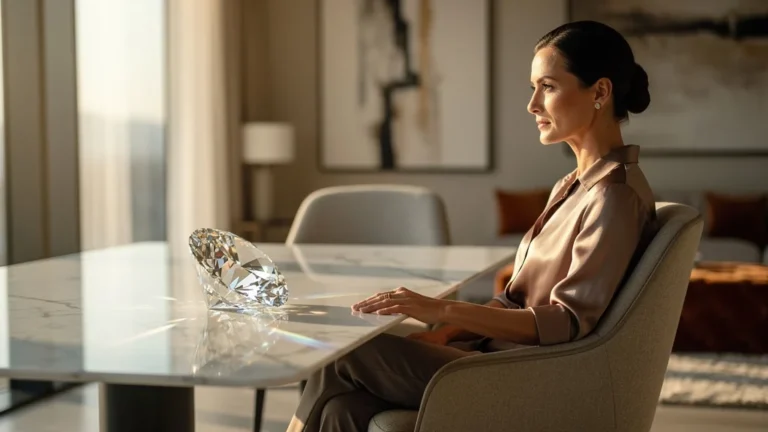 Portrait d’une femme élégante contemplant un diamant brillant dans un intérieur moderne et lumineux